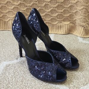 La Perla Navy Blue Sequined Julia Haart D'Orsay Pumps - Size 9 (Italian 40)